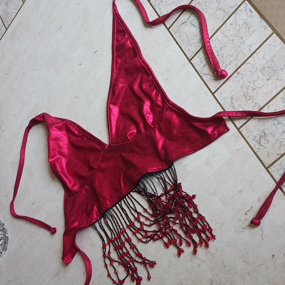 DIVA boutique Tops - Vintage bra top.  Halter/ bikini style,hanging front red/ black beads,sz OS